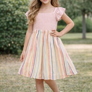 Charming Pink and Multicolor Striped Kids Dress